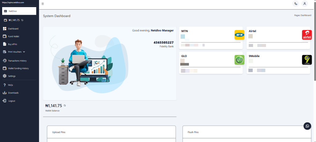 netdivo epin manager dashboard for generating recharge cards in nigeria